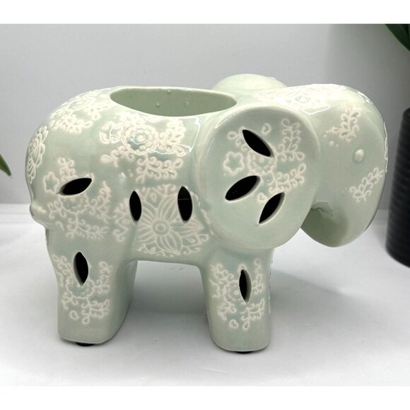 Ceramic Elephant-Shaped Succulent Holder With Intricate Floral Patterns - Picture 2 of 12